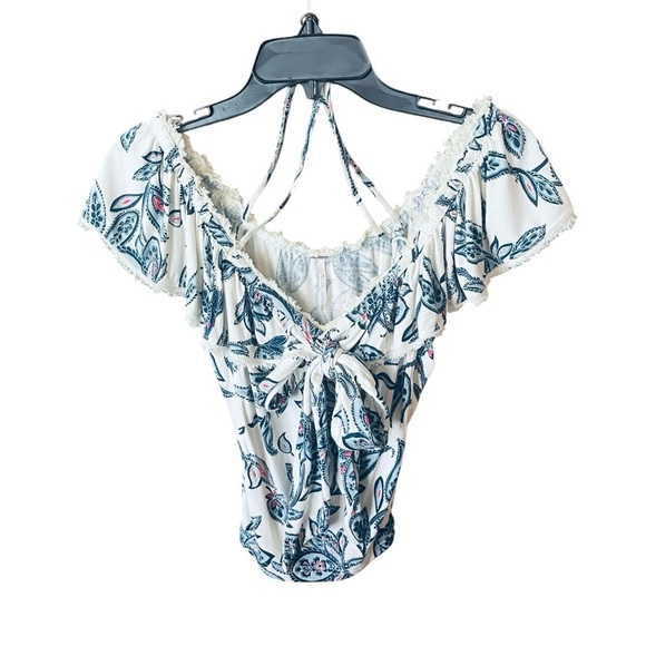 Free People Cha Cha tie front off shoulder stretch top MED white blue paisley - Picture 3 of 12